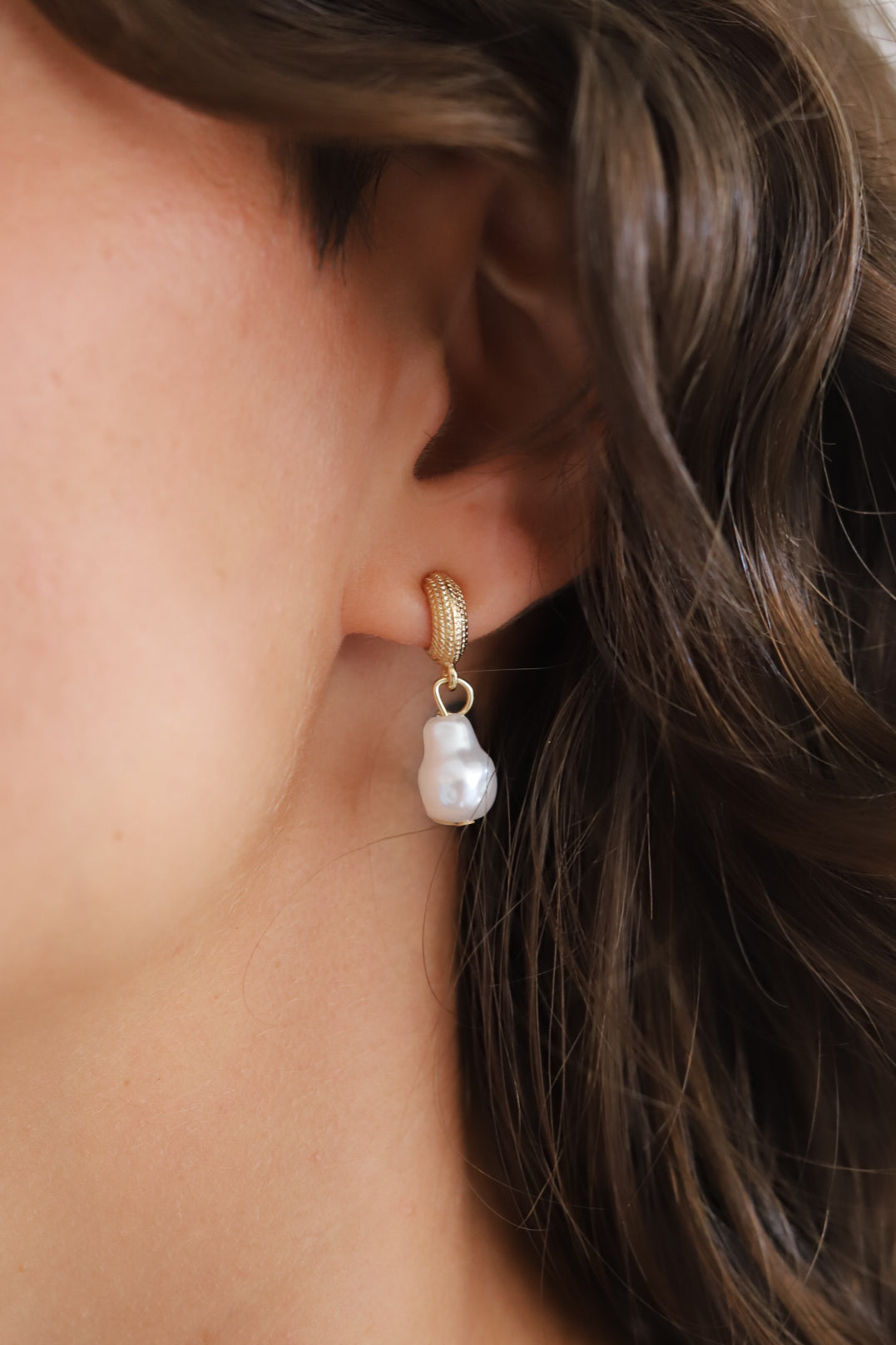 Gold Pearl Dangle Hoops