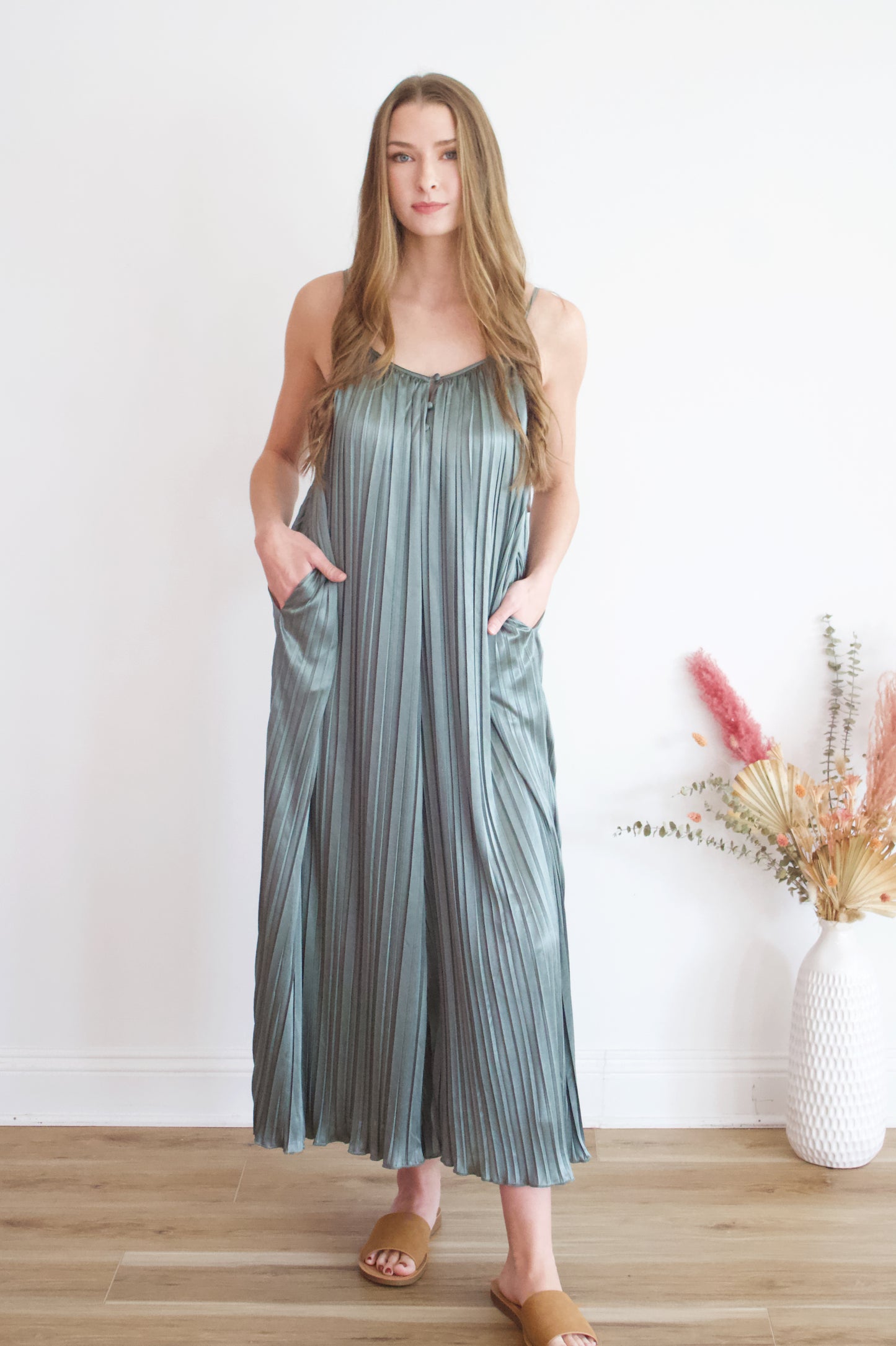 Elia Olive Pleated Jumpsuit
