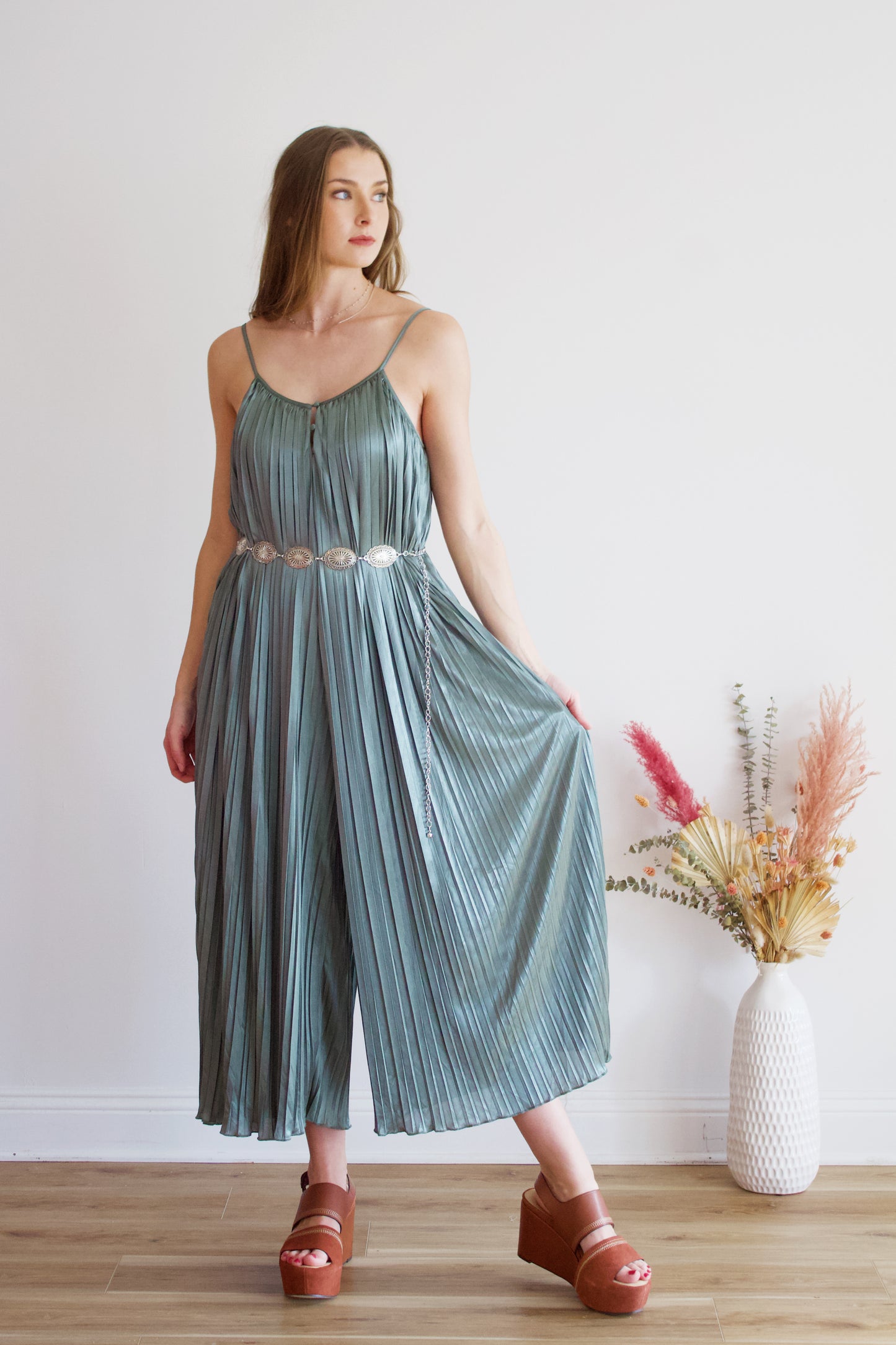 Elia Olive Pleated Jumpsuit