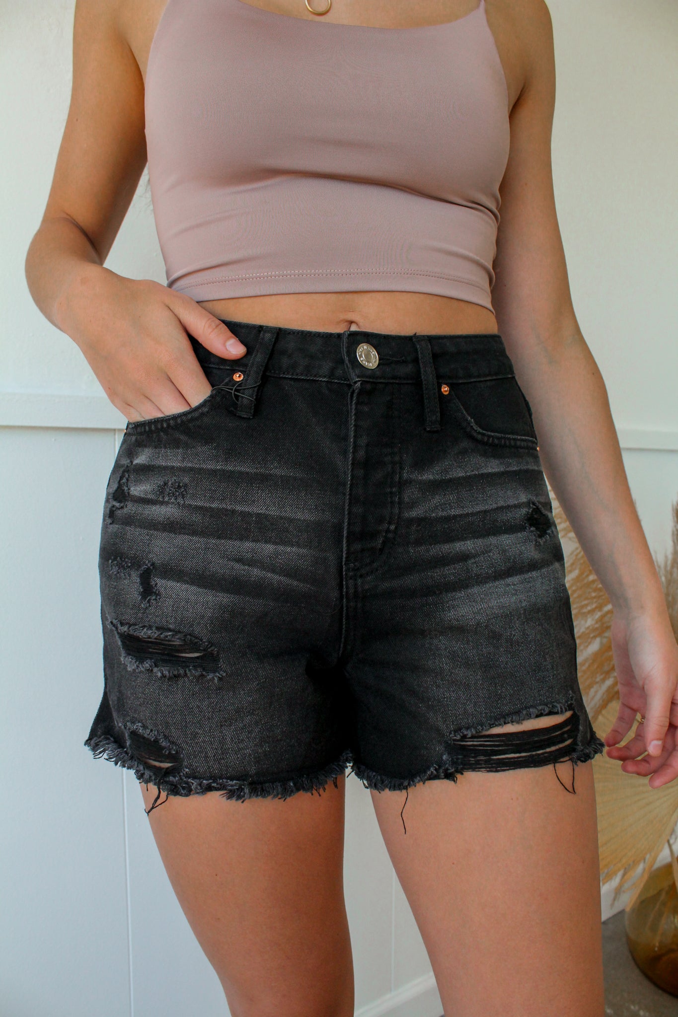 Button Fray Hem Denim Shorts