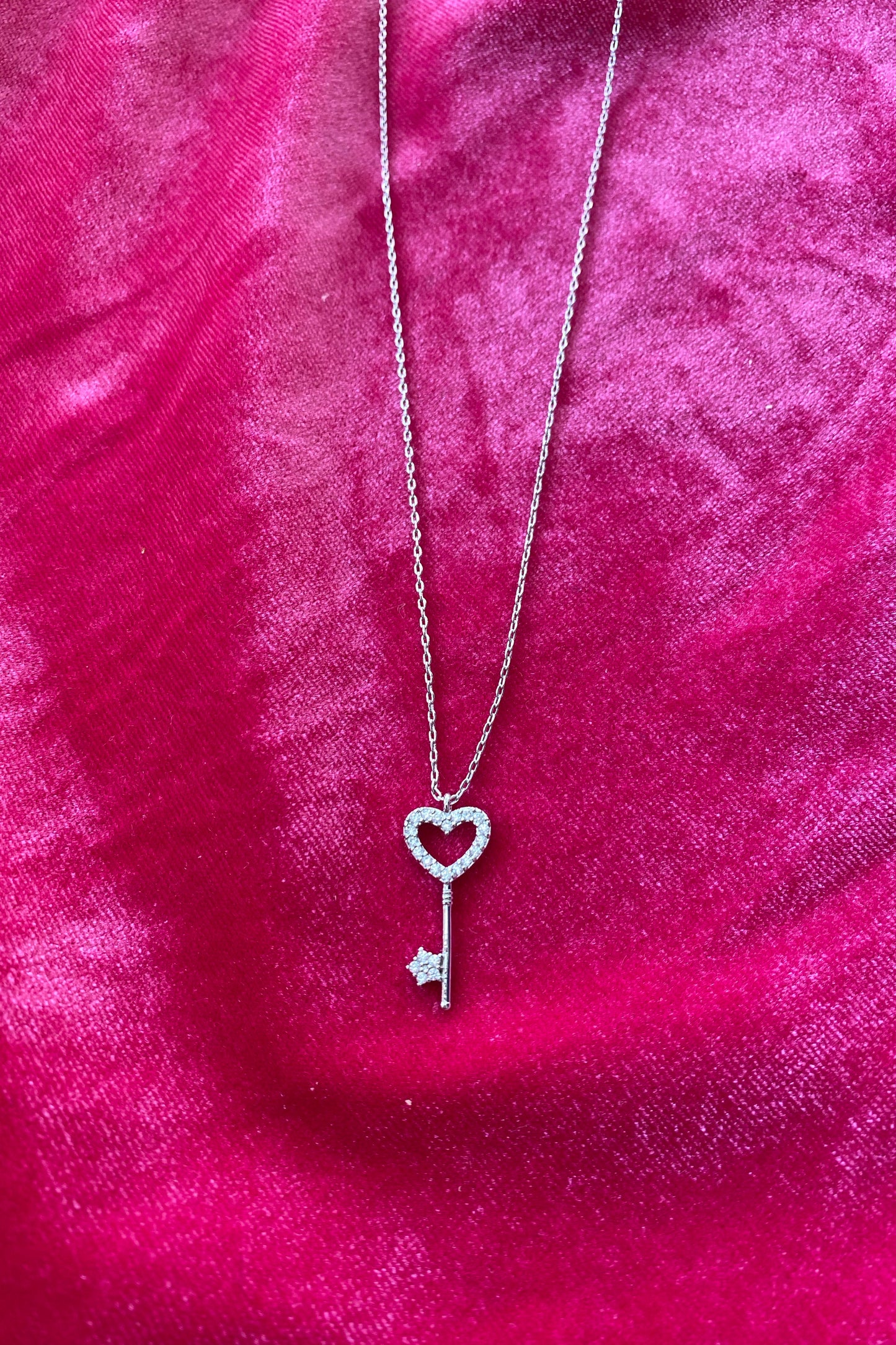 Paved CZ Heart Key Necklace