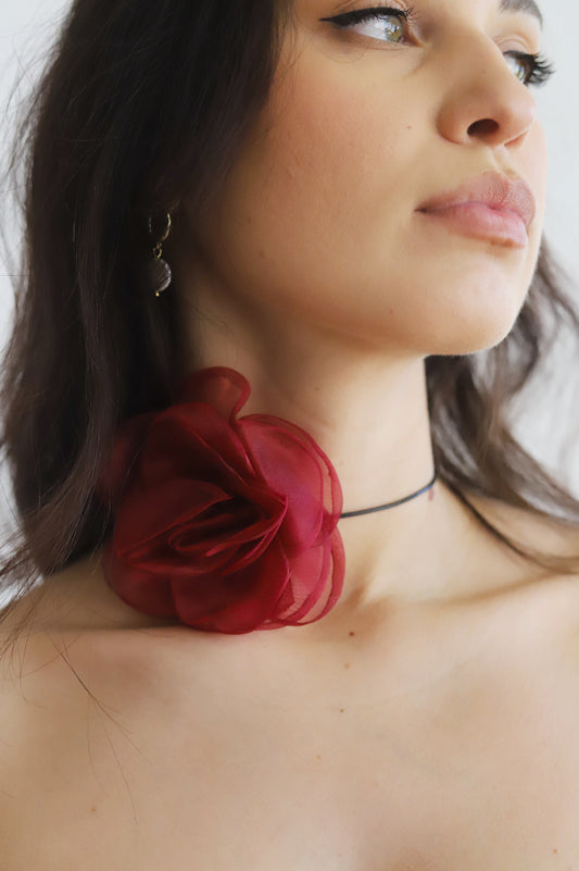 Maroon Tulle Rose Necklace