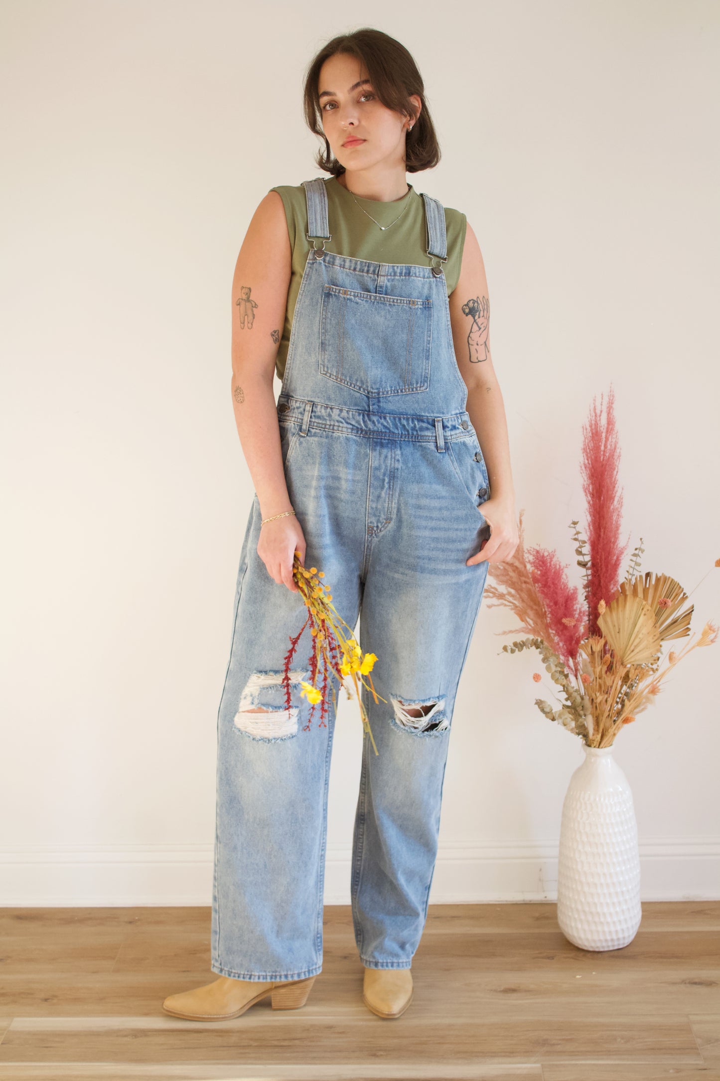 Distressed Denim Overalls