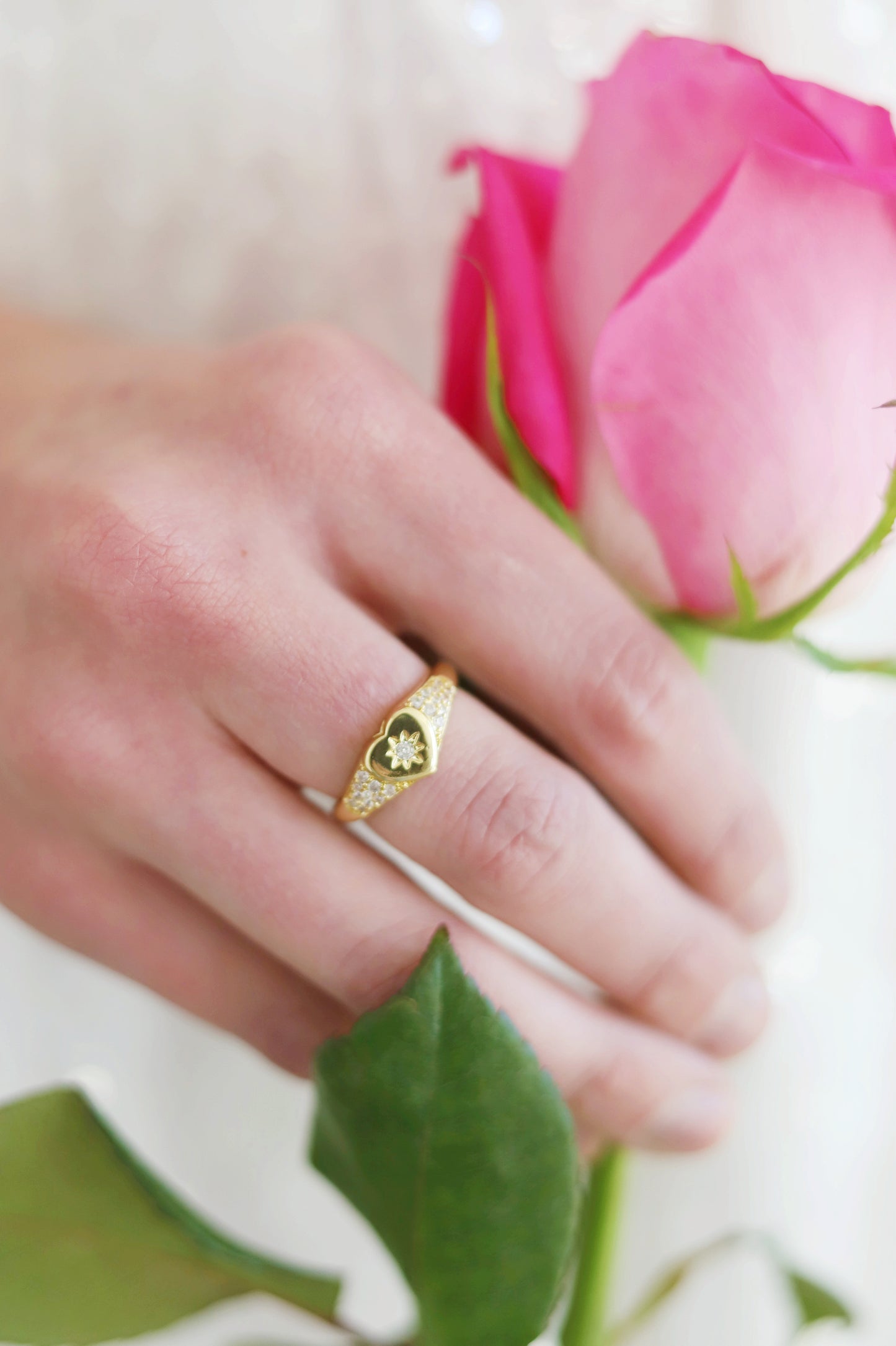 Micro Paved Gold Heart Signet Ring