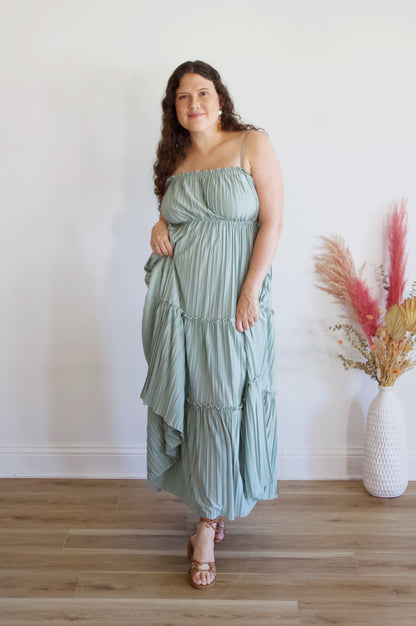 Tashi Pleated Sage Midi Dress