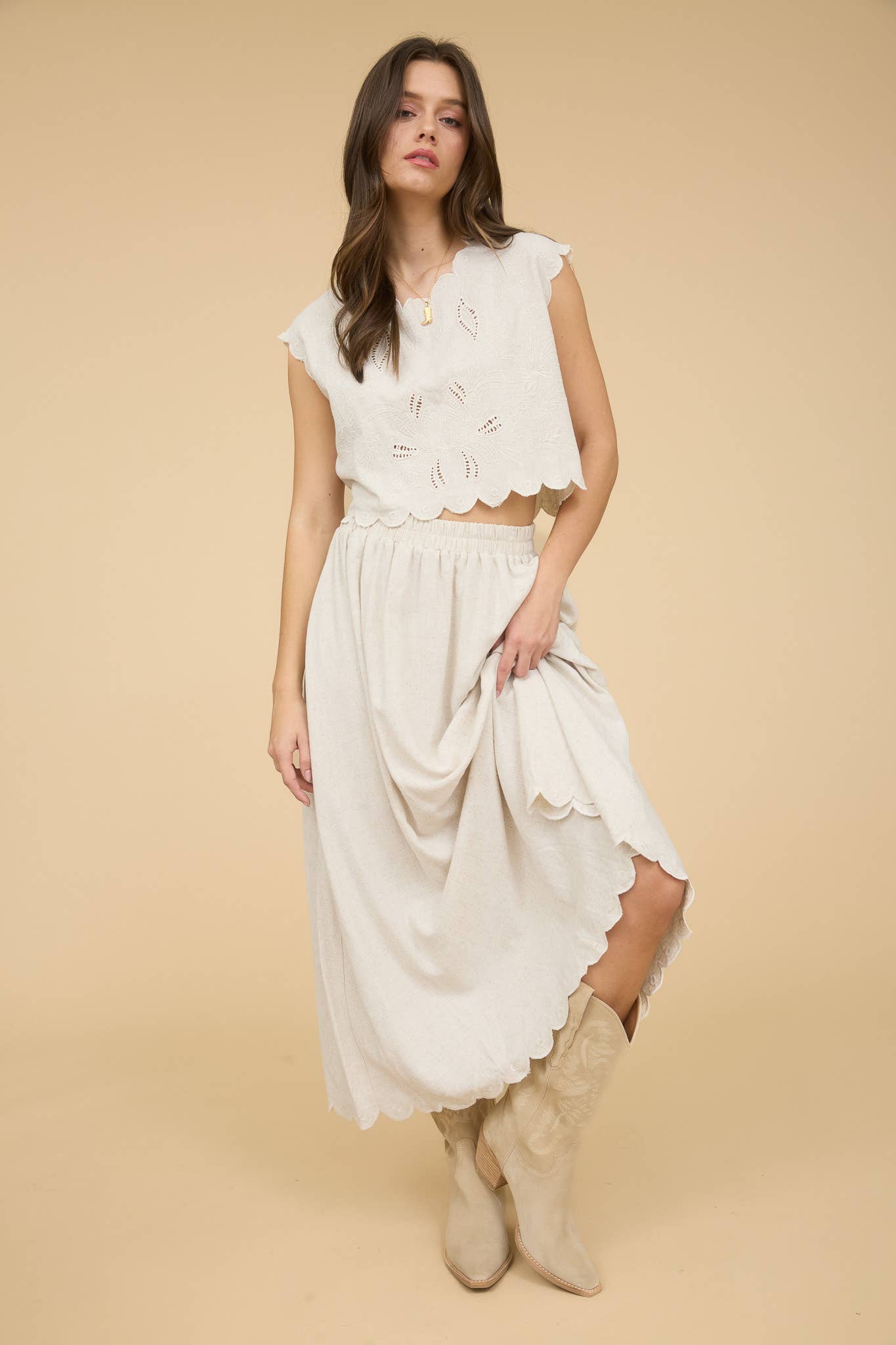 Misty Scallop Natural Midi Skirt