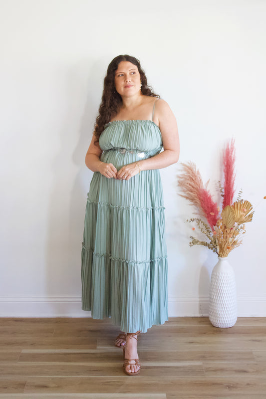 Tashi Pleated Sage Midi Dress