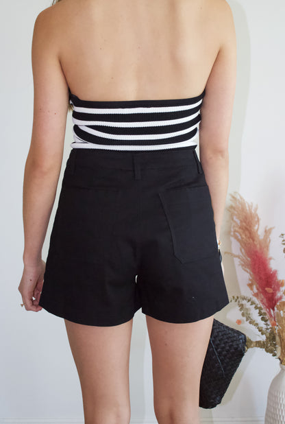 Solid High Waist Black Shorts