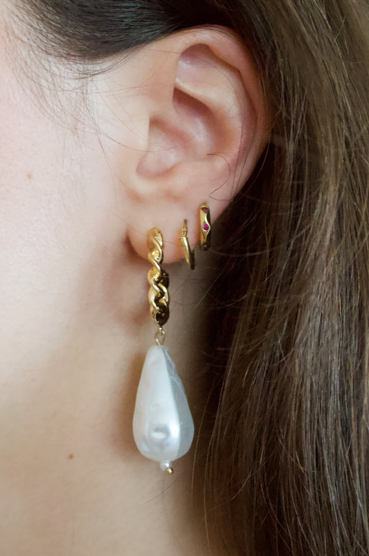 Pearl Dangle Textured Hoop Earrings