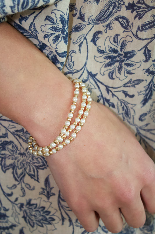 3 Row Pearl & Metal Bead Bracelet