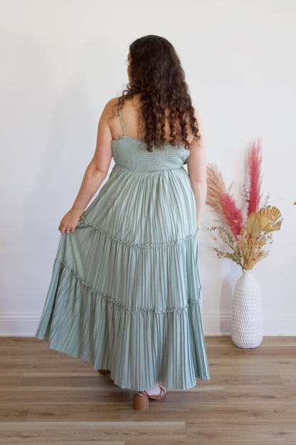 Tashi Pleated Sage Midi Dress