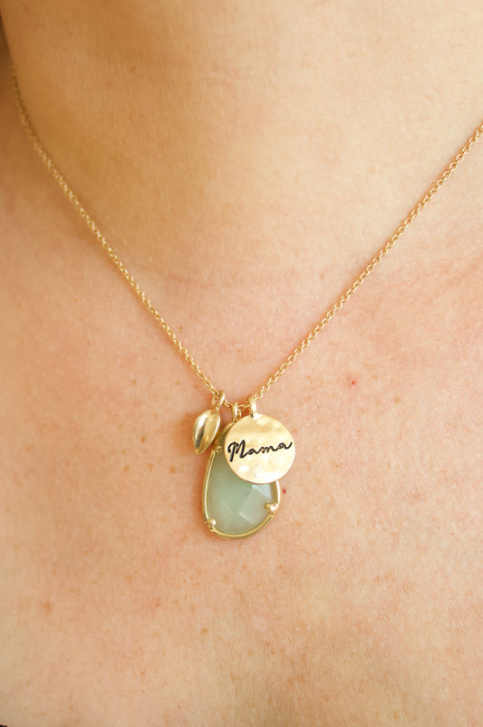 Mama Disk & Teardrop Stone Necklace