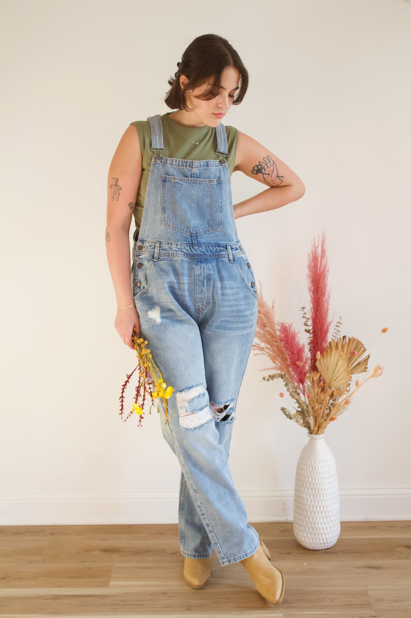 Distressed Denim Overalls