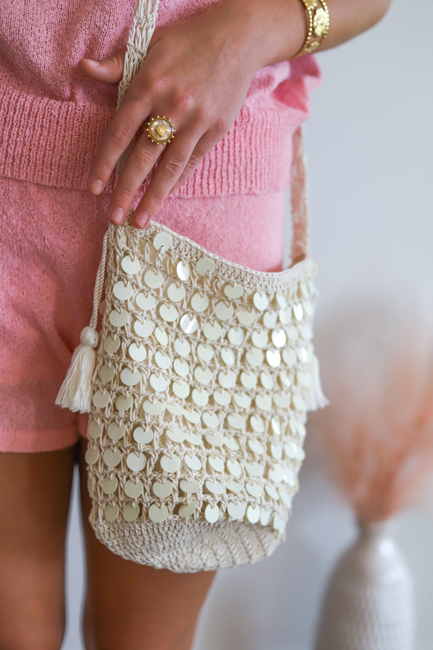 Sequin Cream Jute Bag