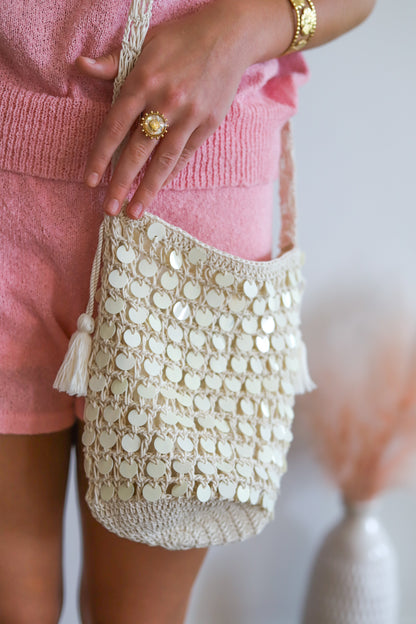 Sequin Cream Jute Bag