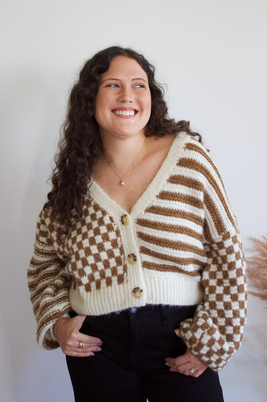 Camel Stripe and Checkered Cardigan