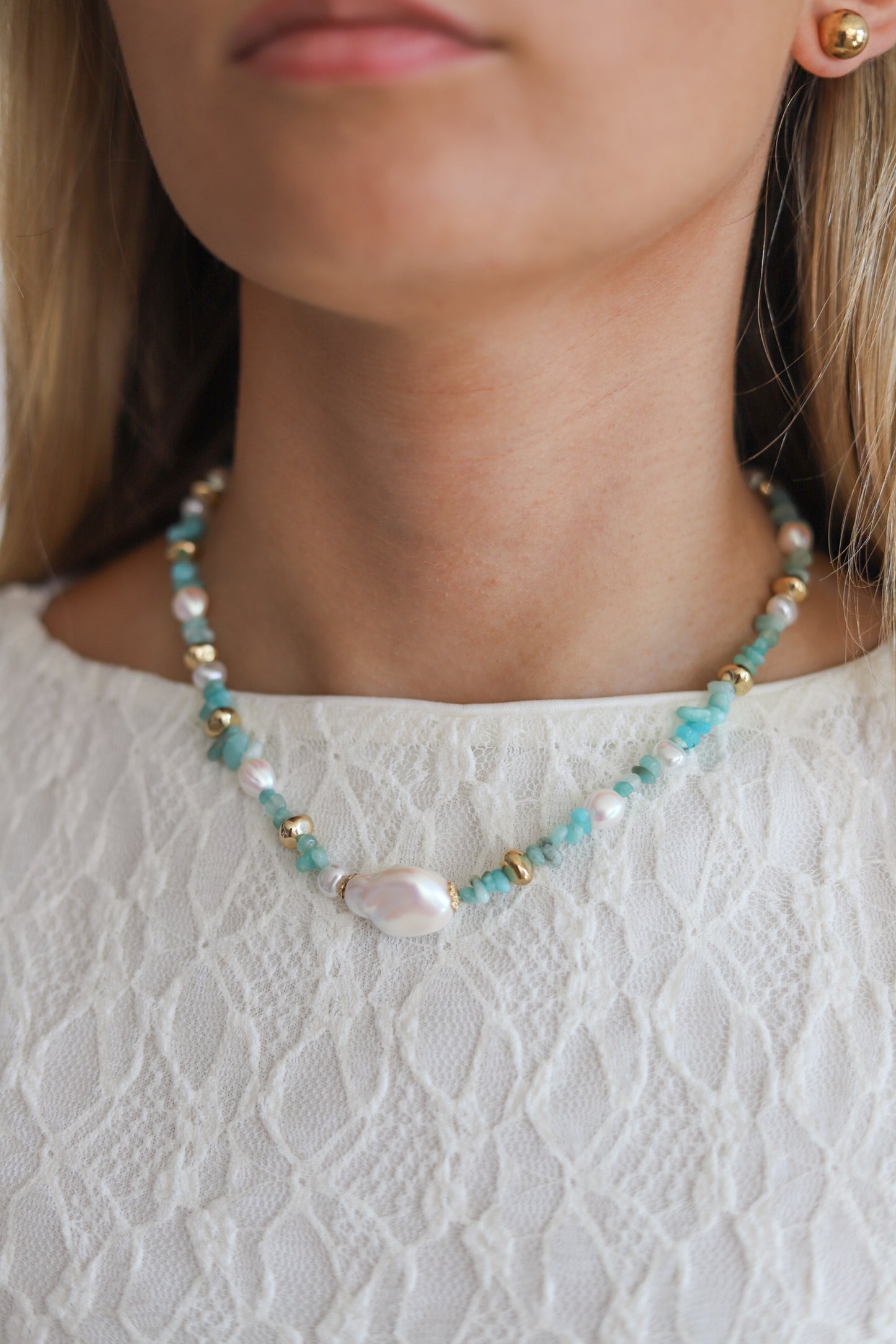 Stone Bead Pearl Necklace