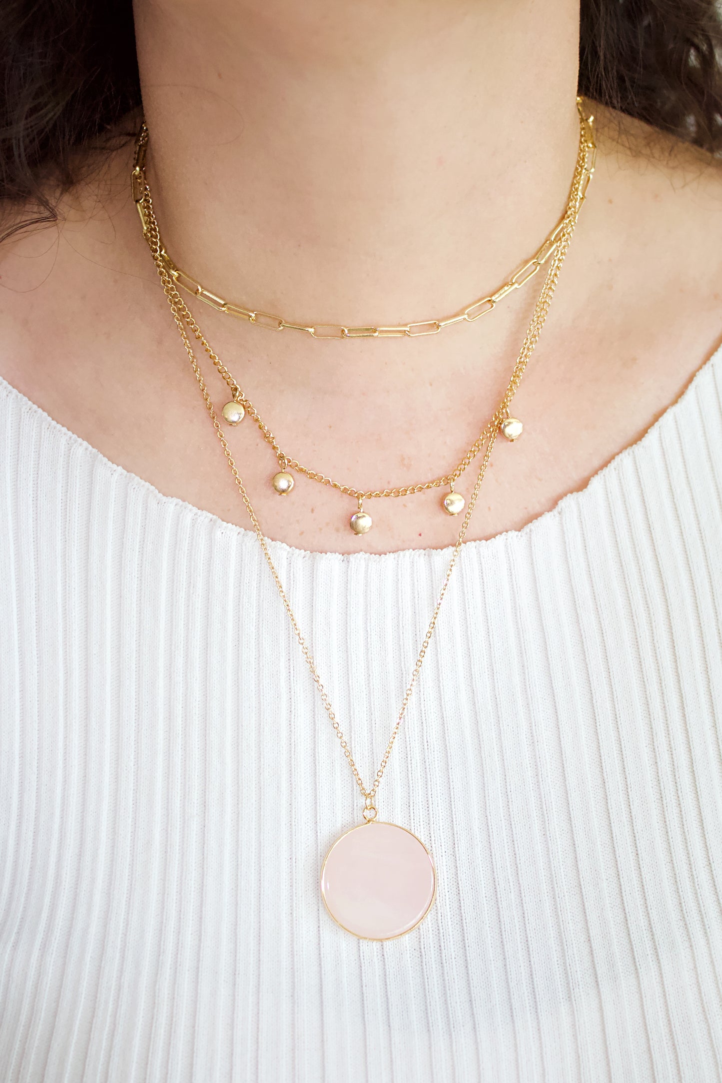 Layer Chain Pink Circle Necklace