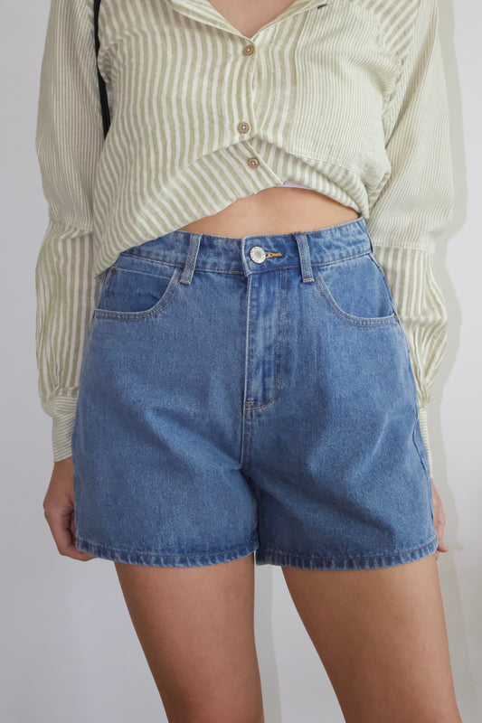 high rise medium wash denim shorts from wishlist