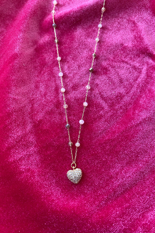 CZ Heart Glass Bead Necklace